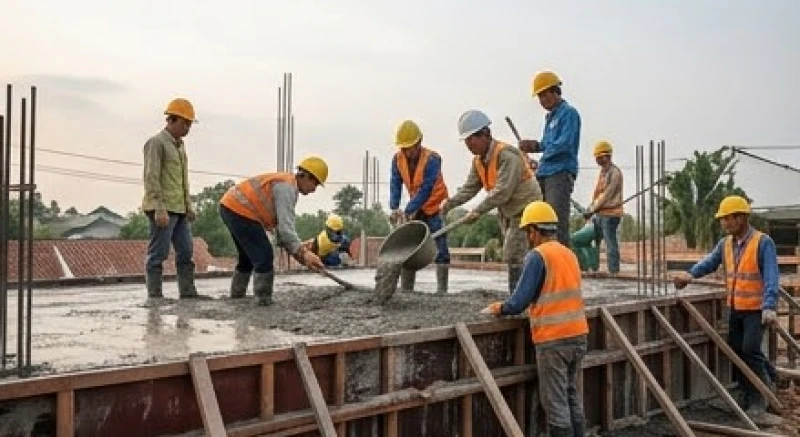 Mơ thấy xây nhà điềm lành hay dữ: Phân tích bối cảnh & tâm lý 4 Nhóm thợ xây dựng mặc đồ bảo hộ đang phối hợp nhịp nhàng để đổ bê tông và cất lên tầng hai ngôi nhà