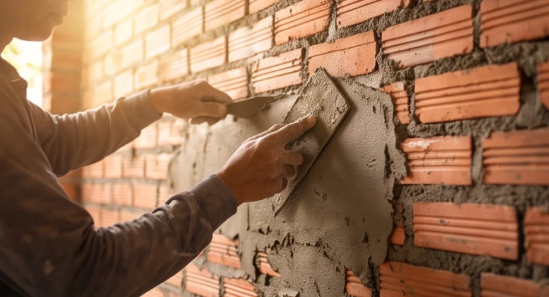 Bàn tay thợ xây lành nghề đang cẩn thận trát xi măng lên bức tường gạch đỏ trong quá trình cải tạo nhà