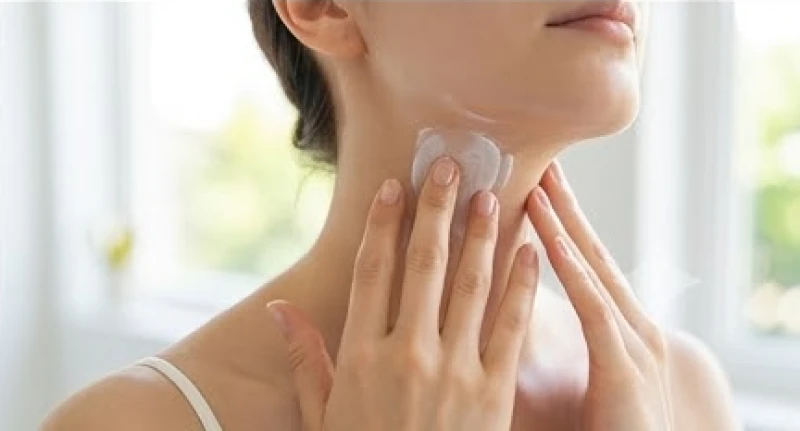 Bàn tay đang thoa lớp kem chống nắng mỏng nhẹ lên vùng da cổ đang hồi phục