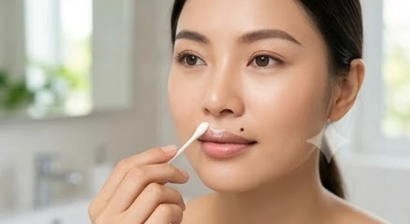 Người phụ nữ dùng tăm bông sạch nhẹ nhàng thoa kem phục hồi lên vùng da vừa điều trị laser