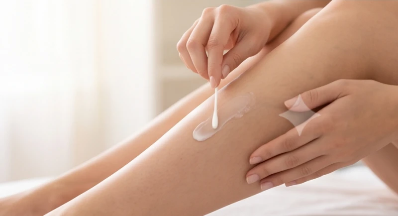 Thao tác dùng tăm bông bôi kem tái tạo da nhẹ nhàng lên vùng bắp chân vừa tẩy nốt ruồi