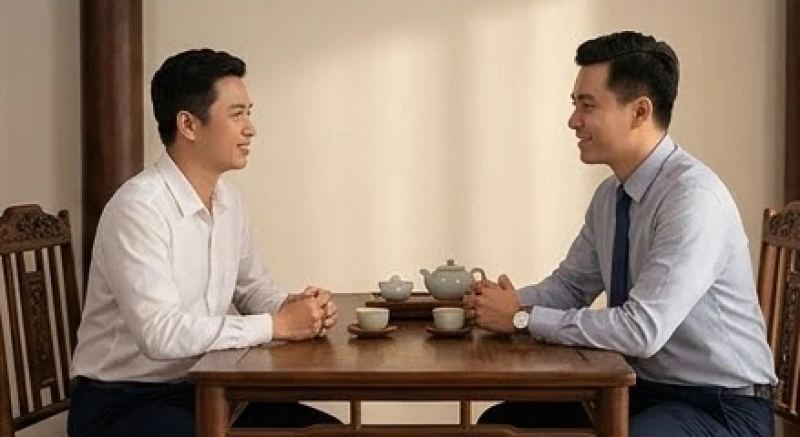 Hai người đang uống trà và bàn bạc công việc trên chiếc bàn gỗ cổ điển