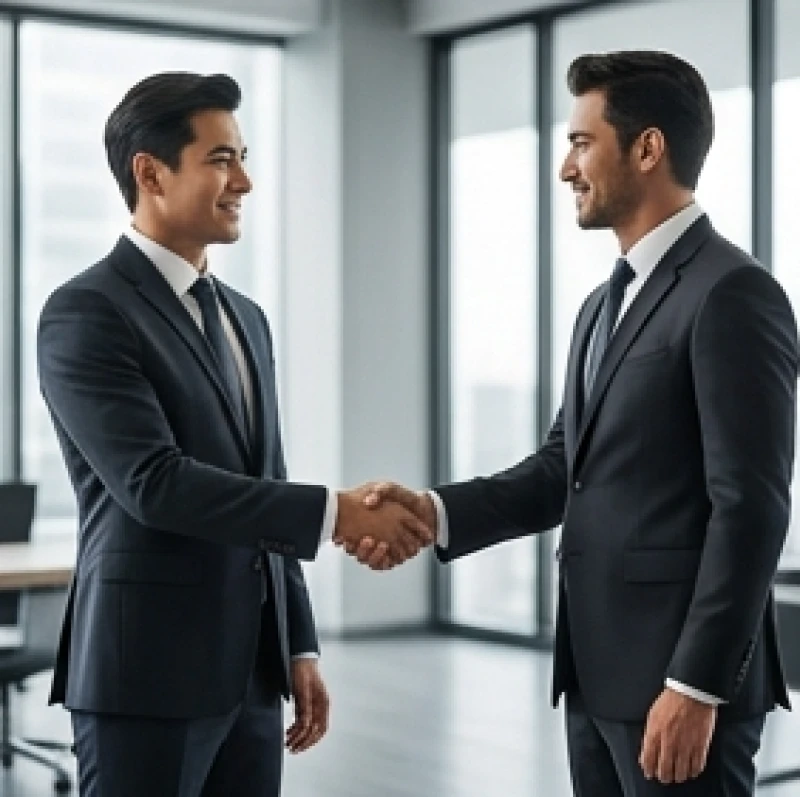 Hai người mặc trang phục vest chuyên nghiệp đang bắt tay chúc mừng hợp tác thành công