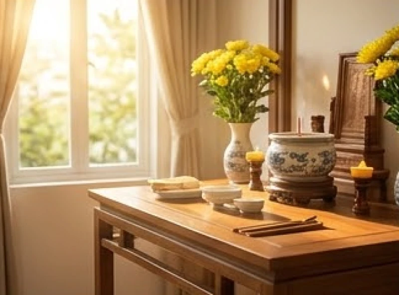 Ánh nắng ban mai chiếu rọi qua khung cửa sổ vào góc bàn thờ trang nghiêm chuẩn bị cho lễ bốc bát hương
