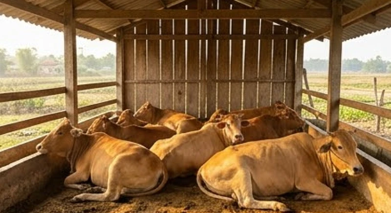 Văn khấn cúng chuồng bò chuẩn và cách đặt mâm lễ đầu năm 1 Bầy bò vàng thong dong ăn cỏ trong khu vực chuồng trại được dọn dẹp sạch sẽ đón nắng sáng mùng 4 Tết