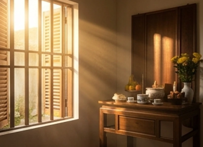 Văn khấn cầu an cho cha mẹ: Bài cúng chuẩn khi khỏe và lúc ốm 3 Khung cảnh bình minh thanh tịnh, ánh nắng sớm chiếu vào khu vực ban thờ thích hợp để đọc văn khấn cầu an