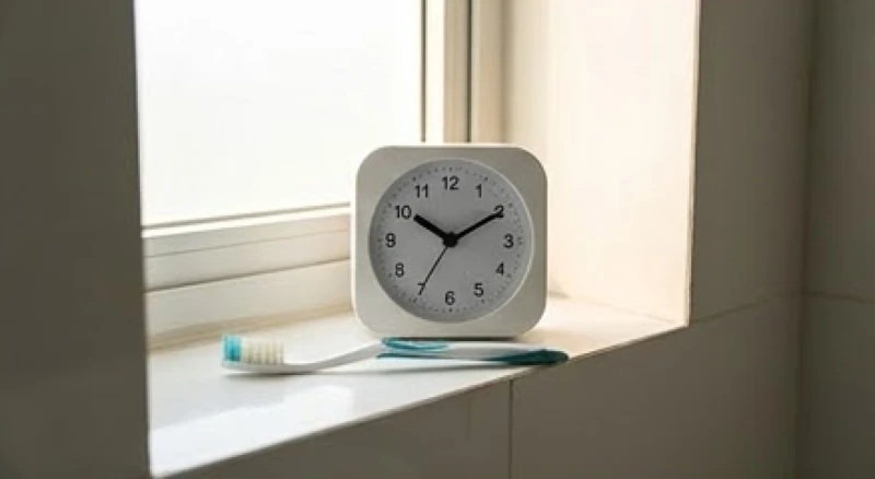 Đồng hồ treo tường và chiếc bàn chải đánh răng trong bối cảnh phòng tắm thể hiện các khung giờ điềm báo