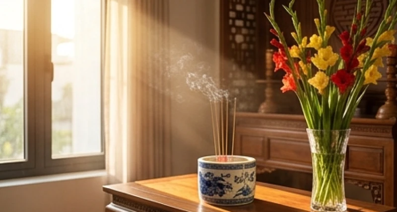 Không gian bàn thờ đón ánh nắng tự nhiên vào ban ngày, thời điểm lý tưởng để tiến hành lau dọn và đọc văn khấn an vị