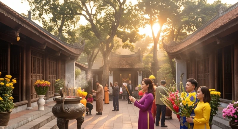 Khung cảnh sân chùa nhộn nhịp vào dịp đầu xuân khi đông đảo người dân đổ về làm lễ dâng hương mong một năm mới tốt lành