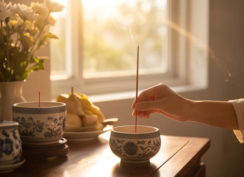 Khung cảnh bình minh chiếu qua cửa sổ vào bàn thờ gia tiên khi người nhà đang thắp nén nhang buổi sáng