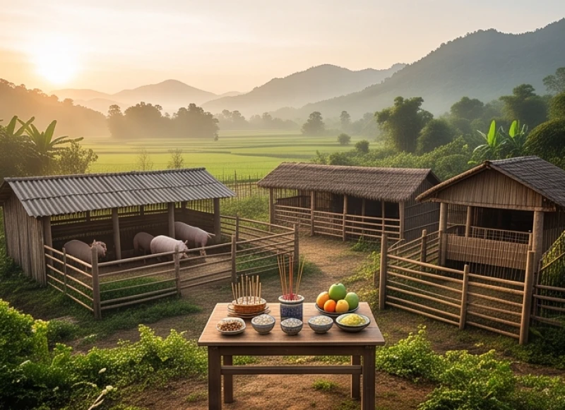 Lễ cúng chuồng trại được thực hiện vào sáng sớm trước khi cho vật nuôi ăn để đảm bảo không gian thanh tịnh