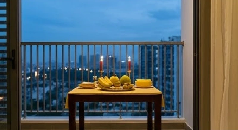 Bàn cúng sao Kế Đô được chuẩn bị vào chiều tối trên ban công