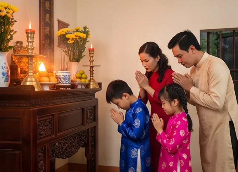 Gia đình quây quần trang nghiêm thực hiện nghi thức và đọc văn khấn tất niên tại nhà