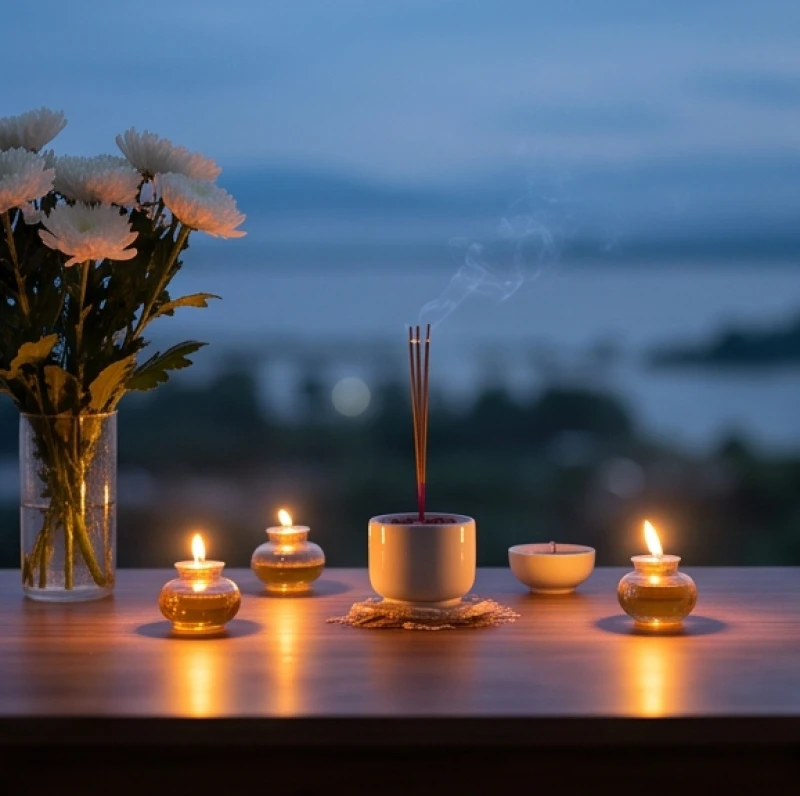 Không gian cúng cầu siêu thai nhi vào lúc chạng vạng tối với ánh nến ấm áp soi sáng mâm lễ vật.