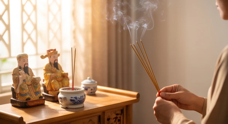 Người chủ lễ đang thắp những nén nhang thành kính tại ban thờ Thần Tài Thổ Địa vào buổi sáng