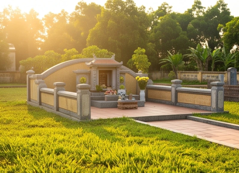 Khung cảnh gia đình đi tảo mộ vào buổi sáng sớm với thời tiết ấm áp và không gian quang đãng
