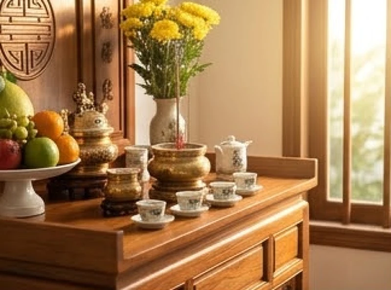 Ánh nắng buổi sáng chiếu lên bàn thờ gỗ truyền thống trong lúc chuẩn bị lau dọn