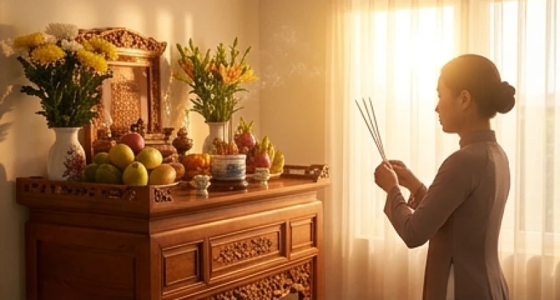 Bàn thờ gia tiên trang nghiêm ngập tràn ánh nắng sáng sớm chuẩn bị cho nghi thức đọc văn khấn bao sái bàn thờ