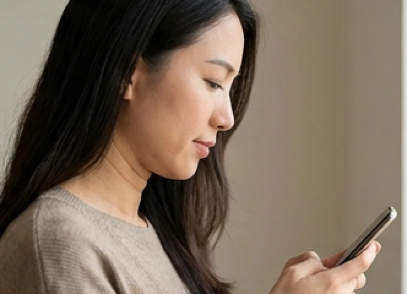 Người phụ nữ cúi gập cổ xem điện thoại tạo ra tư thế xấu gây hình thành ngấn cổ.