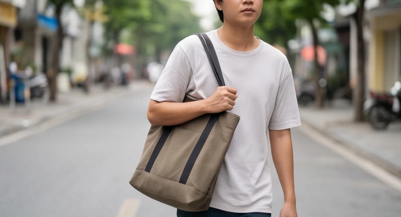 Người phụ nữ đeo túi xách nặng lệch một bên vai khiến cơ thang bị co rút và gồng cứng