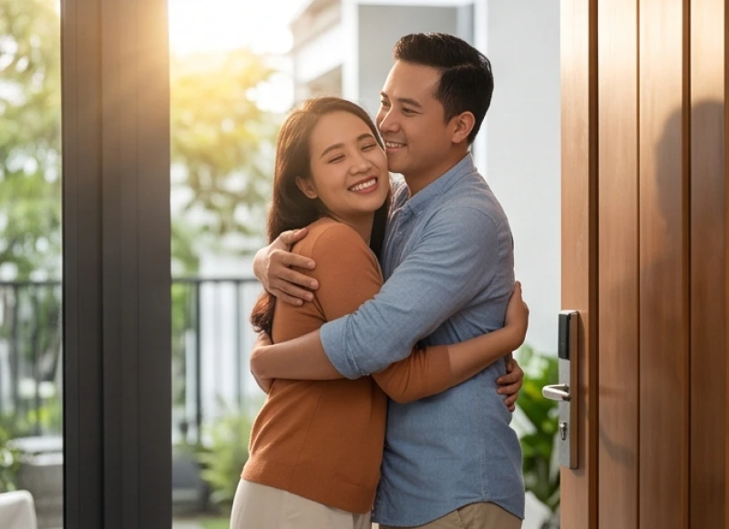 Mơ thấy mình ngoại tình: Giải mã tâm lý & điềm báo tài lộc 9 Cặp đôi trao nhau cái ôm ấm áp trước cửa nhà trước khi đi làm