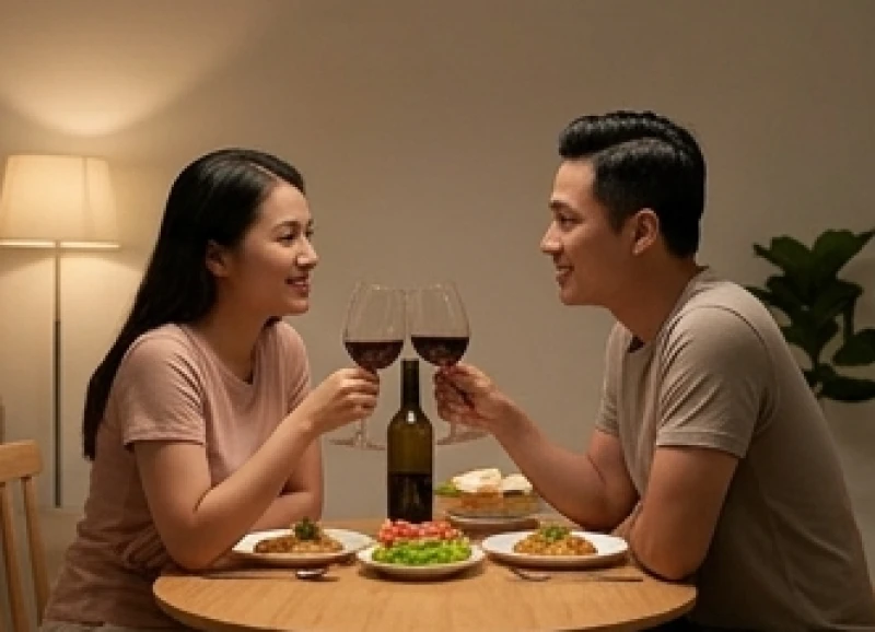 Đôi tình nhân tận hưởng bữa tối lãng mạn tại nhà để duy trì kết nối tình cảm sâu sắc