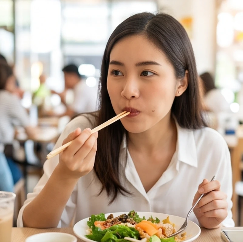 Người phụ nữ đang ăn uống và có thói quen nhai thức ăn lệch hẳn về một bên hàm phải