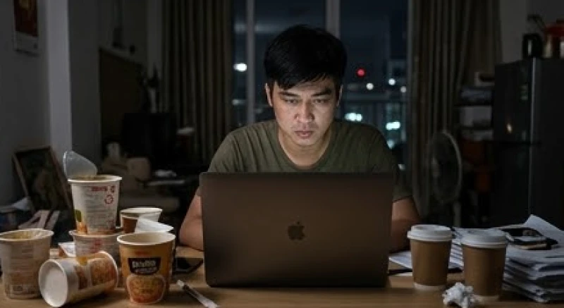 Mơ thấy bệnh tật: Giải mã điềm báo, sổ mơ & cách xoa dịu lo âu 5 Nam thanh niên thức khuya làm việc bên máy tính với đồ ăn nhanh ngổn ngang xung quanh