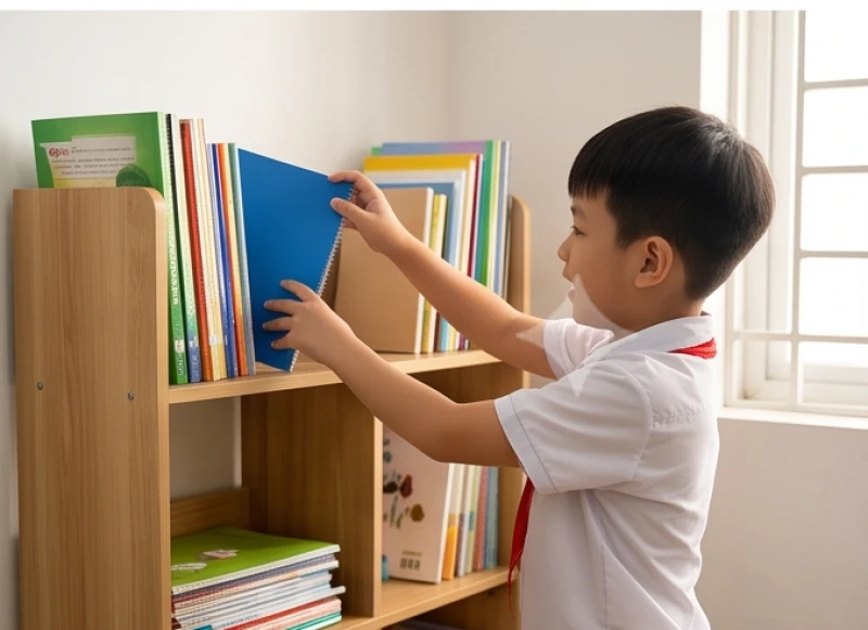 Trẻ em hào hứng dọn dẹp và sắp xếp lại sách vở trên giá sách cá nhân gọn gàng