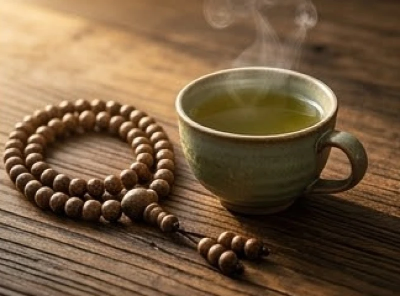 Tách trà xanh nóng trên bàn gỗ tượng trưng cho lối sống thanh tịnh giúp duy trì sức khỏe tuổi trung niên
