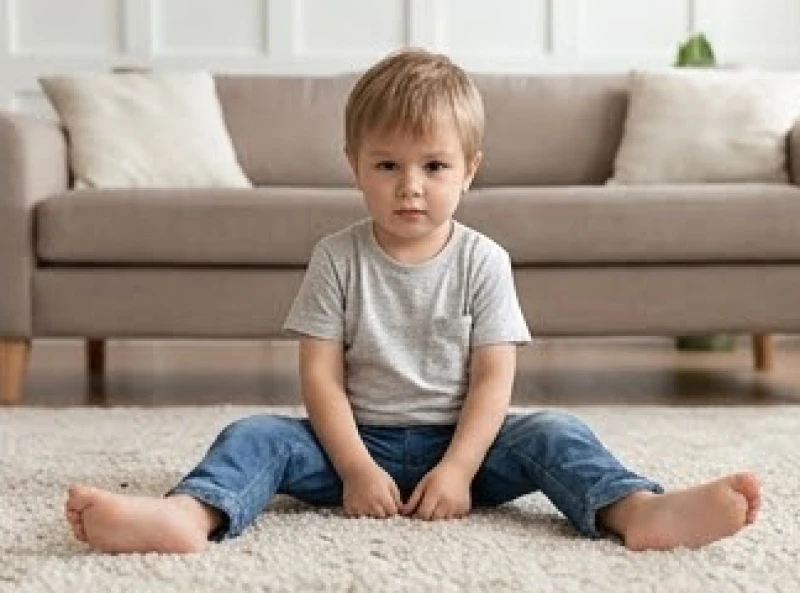 Trẻ nhỏ ngồi chơi trên thảm với tư thế hai chân gấp lại thành hình chữ W đặc trưng