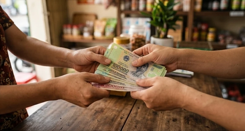 Chủ cửa hàng mỉm cười đưa lại những tờ tiền lẻ may mắn cho vị khách hàng mua mở hàng