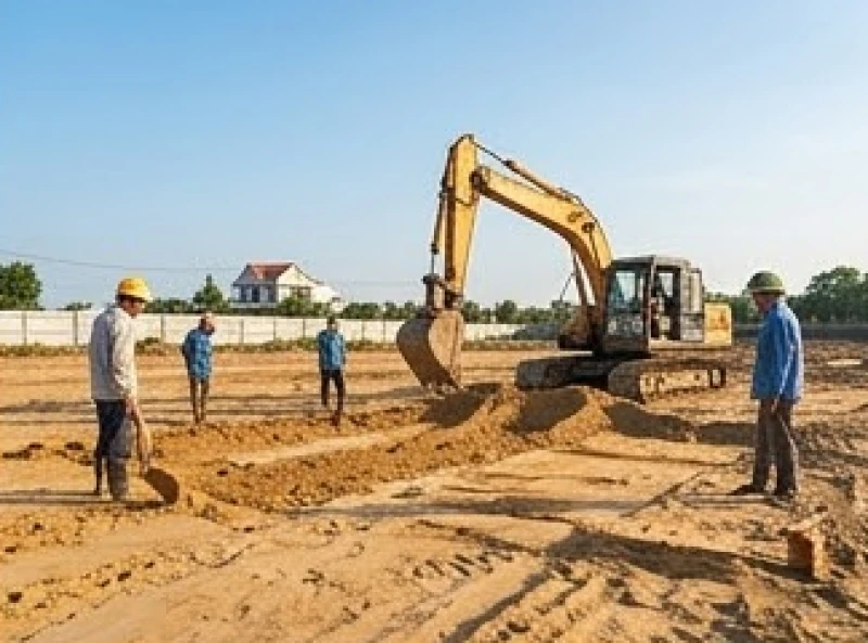 Máy xúc và công nhân đang dọn dẹp mặt bằng thi công trong một ngày nắng ấm