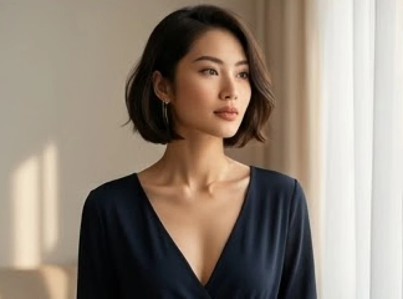Trang phục áo cổ chữ V xẻ sâu kết hợp cùng mái tóc bob giúp vùng cổ trông dài và thanh thoát hơn
