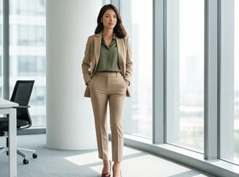 Nữ nhân viên diện bộ suit màu be đi kèm áo lụa mỏng bên trong và giày cao gót đỏ