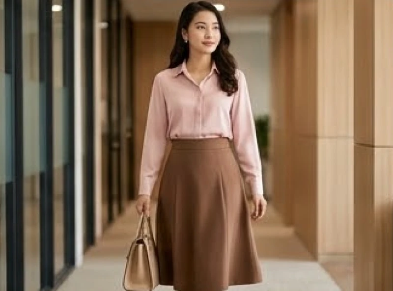 Màu trang phục hợp tuổi Ngọ: Tỷ lệ phối đồ chuẩn phong thủy 5 Nữ nhân viên văn phòng diện áo sơ mi lụa hồng pastel và chân váy chữ A màu nâu đất