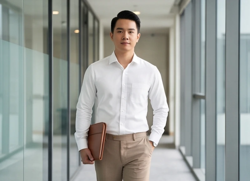 Nam giới Quý Dậu diện sơ mi trắng và quần âu nâu nhạt lịch lãm