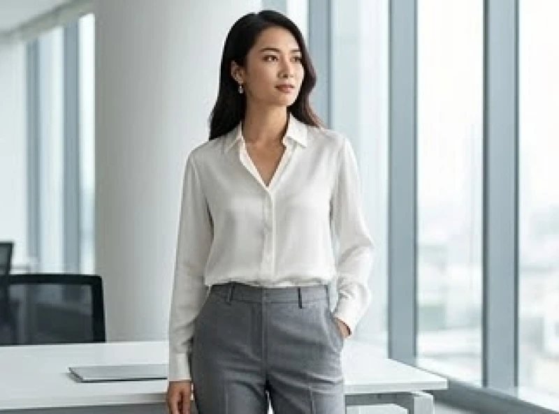 Nữ nhân viên diện trang phục công sở thanh lịch với áo sơ mi lụa trắng và quần tây xám