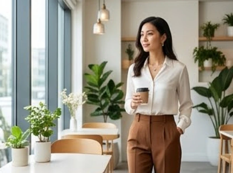 Người phụ nữ diện áo lụa màu trắng và quần âu màu nâu đất thanh lịch