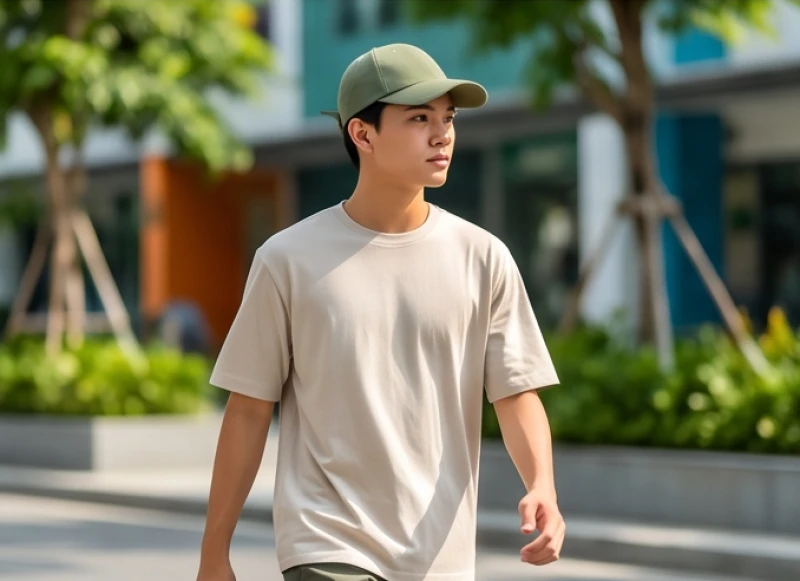 Thanh niên khoác trang phục thoải mái kết hợp mũ lưỡi trai xanh rêu bắt đầu một ngày mới năng động
