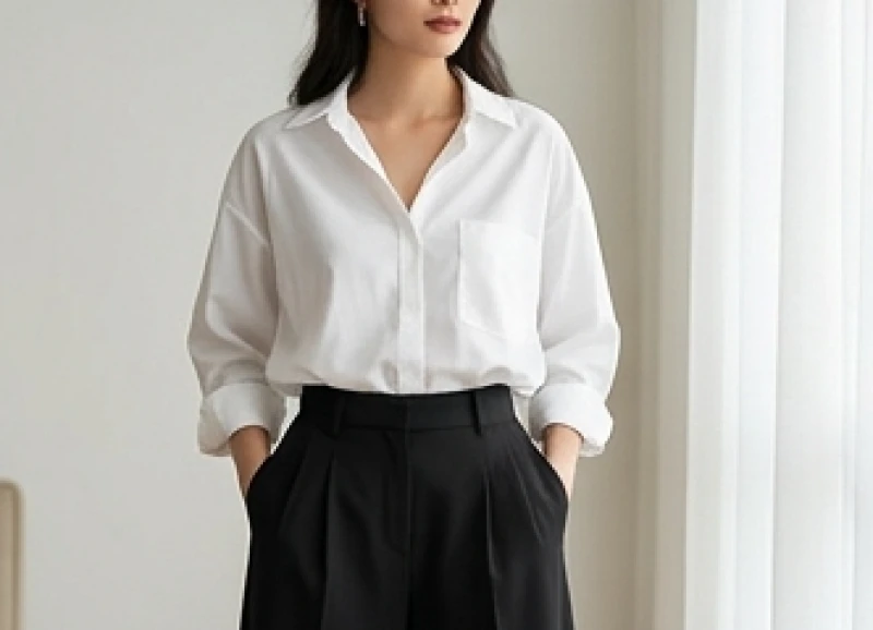 Màu trang phục hợp tuổi Tý: công thức phối riêng nam và nữ 8 Phụ nữ thanh lịch trong chiếc áo sơ mi trắng dáng rộng phối cùng quần culottes đen.