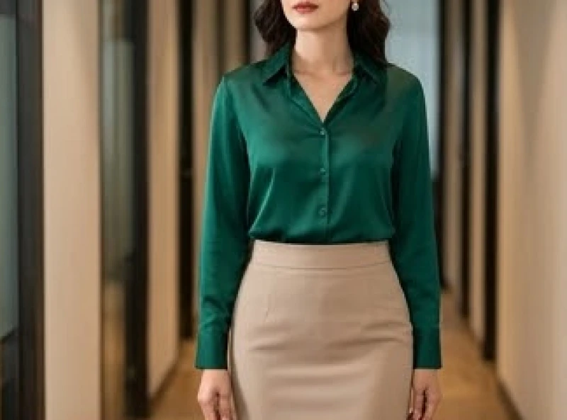 Cận cảnh nữ giới diện chiếc áo blouse lụa màu xanh ngọc bích phối cùng chân váy công sở