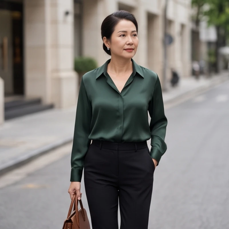Màu trang phục hợp tuổi Thân: quy tắc phối đồ và chọn phụ kiện 2 Người phụ nữ mặc áo blouse xanh lá cây đậm kết hợp quần đen thanh lịch chuẩn phong thủy mệnh Mộc
