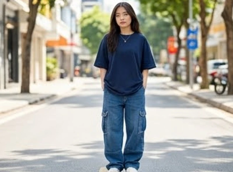 Màu trang phục hợp tuổi Ngọ: Tỷ lệ phối đồ chuẩn phong thủy 7 Bạn trẻ năng động dạo phố với áo thun oversize màu xanh navy và quần jeans thụng
