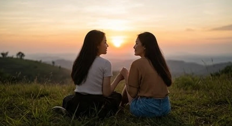Mơ thấy bạn thân chết: Giải mã tâm lý và cách xử lý thực tế 1 Hai người bạn gái tâm sự dưới ánh hoàng hôn tĩnh lặng, phản ánh quá trình thấu hiểu sau khi mơ thấy bạn thân chết