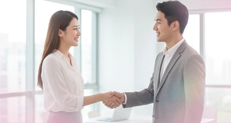 Cặp đôi mặc trang phục công sở mỉm cười bắt tay và trao nhau ánh nhìn thiện cảm chan hòa