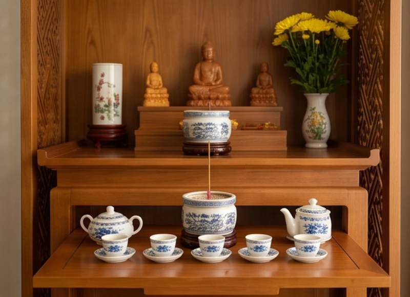 Tủ thờ gia đình được phân cấp rõ ràng với bát hương Phật ở vị trí cao nhất và bát hương Mẫu ở bậc trung