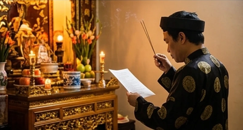 Người thủ điện trang nghiêm chắp tay dâng nén nhang và đọc bài văn khấn thỉnh bóng