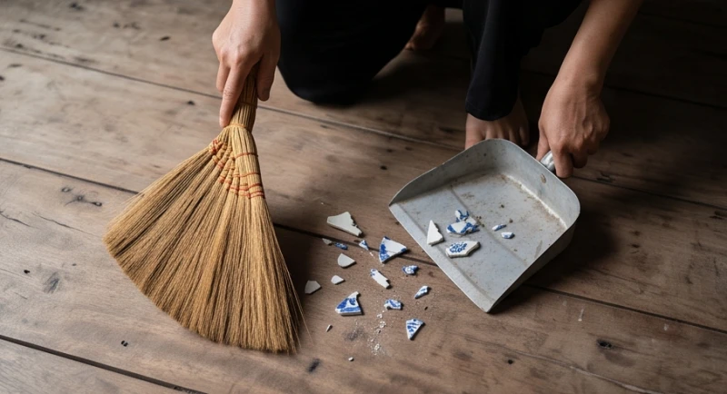 Đôi tay đang dùng chổi nhỏ và hót rác cẩn thận quét dọn các mảnh bát sứ vỡ văng vãi trên sàn nhà