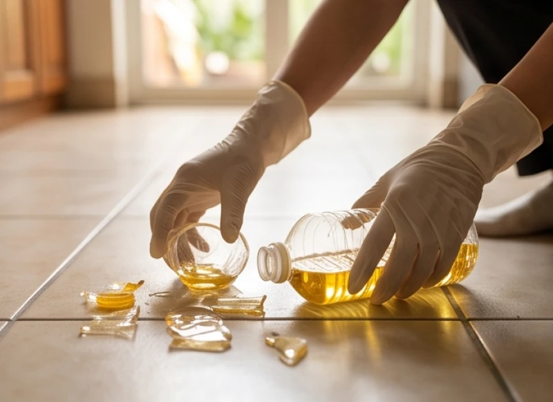Bàn tay đeo găng cẩn thận nhặt các mảnh chai nhựa vỡ vụn và gom vết dầu loang trên sàn nhà bếp